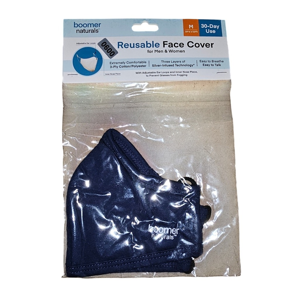 Boomer Naturals Reusable Face Mask Navy Blue 3-Ply Medium #600,657,659-662